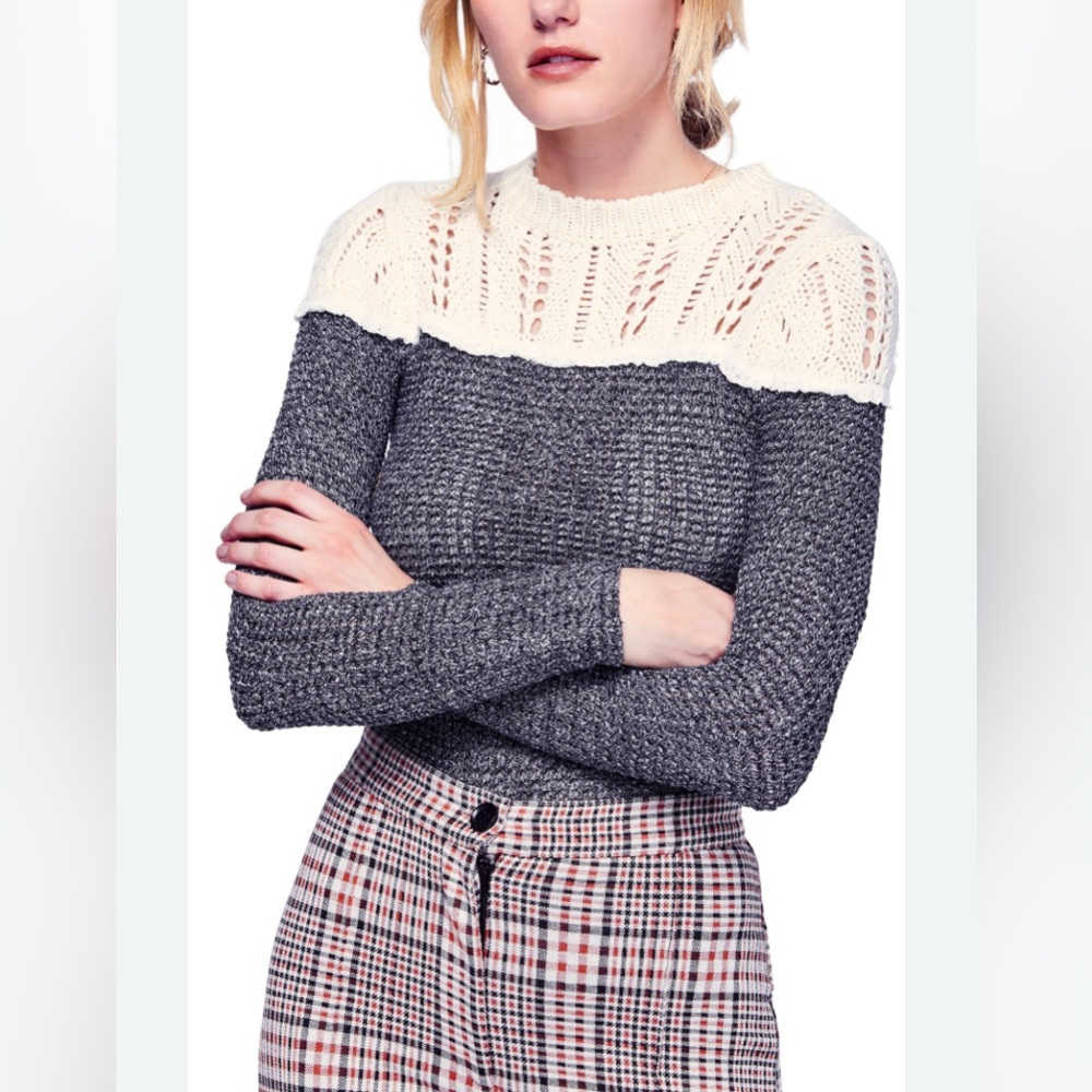 Free People Colorblock Crew Neck Sweater Gray & Cream Boho Cottagecore Academia